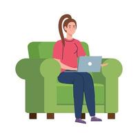 woman cartoon with laptop on chair working vector design