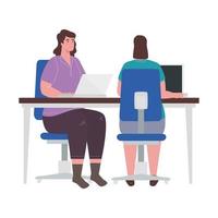 women with laptops at desk working vector design