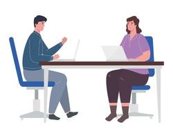 woman and man with laptops at desk working vector design