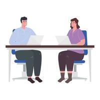 woman and man with laptops at desk working vector design