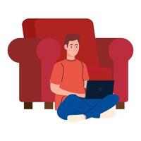 man cartoon with laptop working and chair vector design