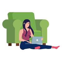 woman cartoon with laptop working and chair vector design