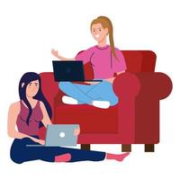 women cartoons with laptop on chair working vector design