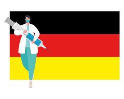 Doctor hombre con máscara e inyección de vacuna covid 19 en diseño vectorial de bandera de Alemania vector