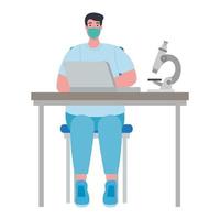man doctor with mask and microscope at desk vector design