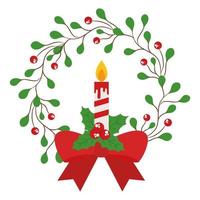 merry christmas candle in berries with leaves crown with bowtie vector design