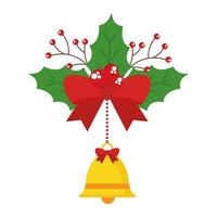 merry christmas bell hanging from bowtie with berries and leaves vector design