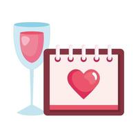 Calendario con corazón y copa de vino. vector