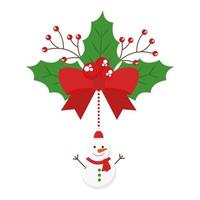 merry christmas snowman hanging from bowtie with berries and leaves vector design