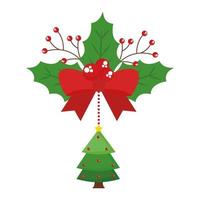 merry christmas pine tree hanging from leaves with bowtie vector design