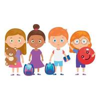 group of little children with school bag and toys vector