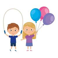 lindos niños pequeños con saltar la cuerda y globos de helio vector