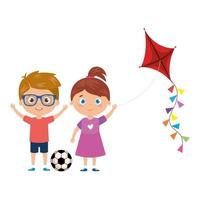 cute little children with kite and ball soccer vector