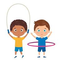 cute little boys with jump rope and hula hula vector