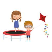 cute little children with trampoline jump and kite vector