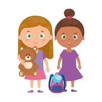 group of little girls with teddy bear and school bag vector