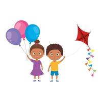 Lindos niños pequeños afro con cometa y globos de helio. vector