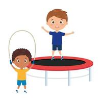 cute little boys with trampoline jump and rope jump vector