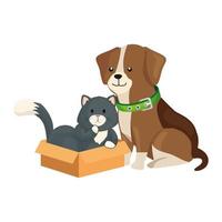 cute dog with cat in box carton vector