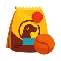 Bolsa de comida para perro con icono aislado de juguete de pelota vector