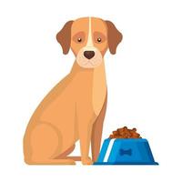 cute dog with dish food isolated icon vector