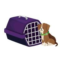 Lindo perro con caja de transporte icono aislado vector