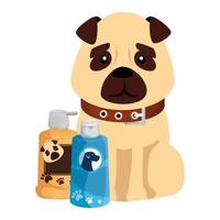 lindo perro con productos para el cuidado iconos aislados vector