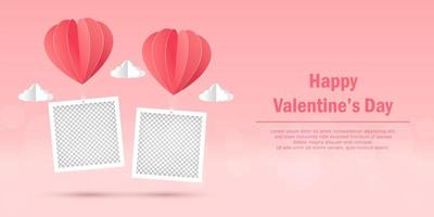 banner de san valentín de marco de fotos en blanco con globo en forma de corazón vector