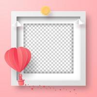 Marco de fotos en blanco con globo en forma de corazón en el cielo, feliz día de San Valentín vector