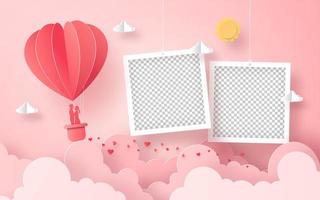 Blank photo frame with heart shape balloon on the sky, Happy Valentine's Day vector