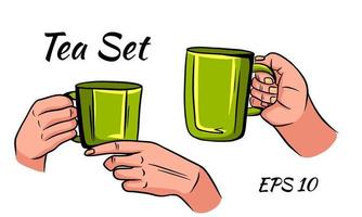 Set of cups of tea with hands. vector