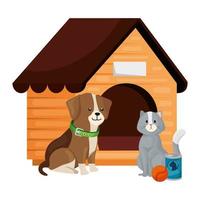 lindo perro y gato con casa de madera icono aislado vector