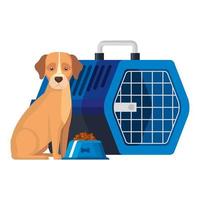 lindo perro con plato de comida y caja de transporte para mascotas vector