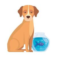 Lindo perro con pecera icono aislado vector