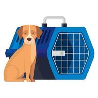 lindo perro con mascota caja de transporte icono aislado vector