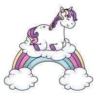 lindo unicornio con nubes y arcoiris vector