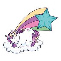 lindo unicornio durmiendo con estrella fugaz vector
