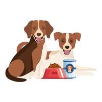 cute dogs with dish and can food isolated icon vector