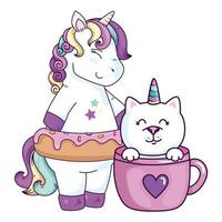 lindo unicornio con gato unicornio en taza vector