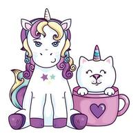 lindo unicornio con gato unicornio en taza vector