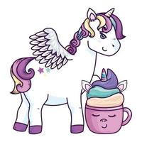 cute unicorn with cup unicorn kawaii style vector