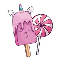 cute unicorn ice cream kawaii with lollipop vector