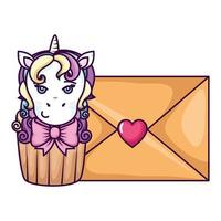 cupcake of head of cute unicorn with envelope vector