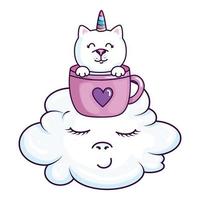 lindo gato unicornio en taza con nube estilo kawaii vector