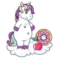 lindo unicornio con donut y cereza vector