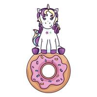 lindo unicornio fantasía con donut icono aislado vector