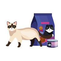 Lindo gato con comida en bolsa y puede icono aislado vector