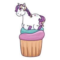 lindo unicornio fantasía en cupcake icono aislado vector