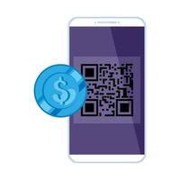 teléfono inteligente con código de escaneo qr y moneda vector