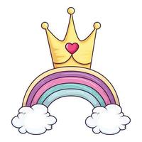 cute rainbow with clouds and crown vector